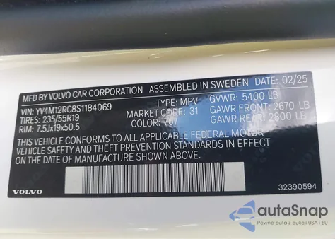 2025 Volvo Xc60 Plus from USA, damaged, VIN YV4M12RC8S1184069